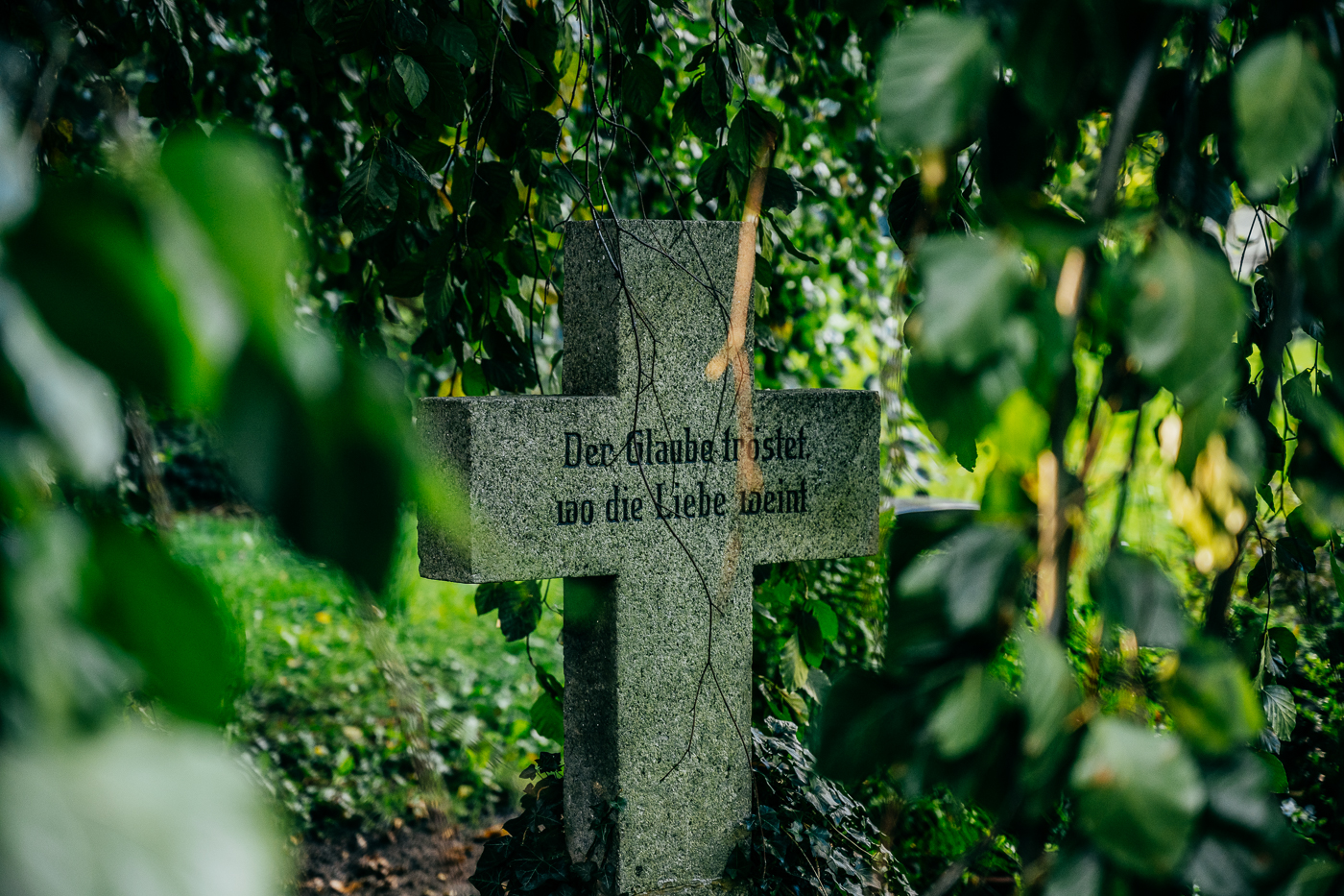 Der Glaube tröstet wo die Liebe weint - Inschrift Grabstein