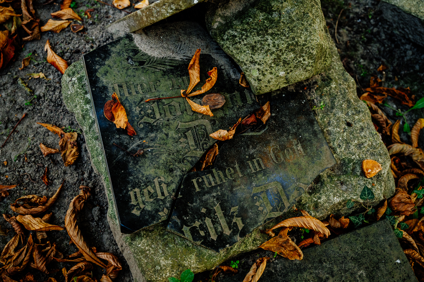 Zerbrochene alte Grabplatten auf dem Friedhof in Landow auf Rügen mit herabgefallenen Herbstblättern. Zerbrochene alte Grabplatten auf dem Friedhof in Landow auf Rügen mit herabgefallenen Herbstblättern.