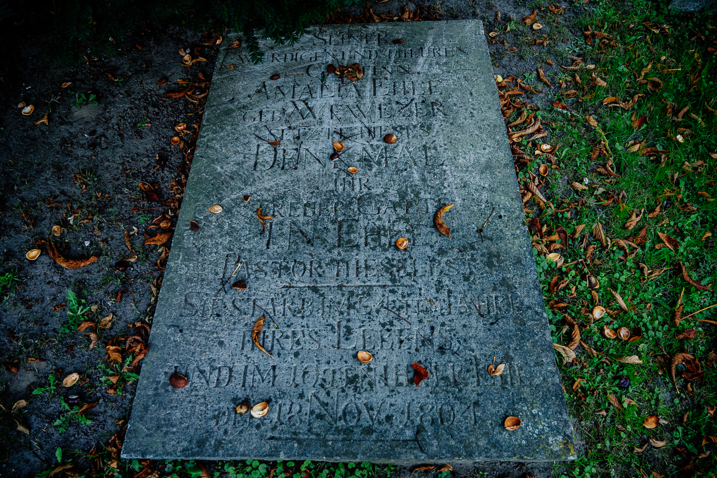 Alte Grabplatte auf dem Friedhof in Landow auf Rügen mit verwitterter Inschrift und Herbstlaub. Alte Grabplatte auf dem Friedhof in Landow auf Rügen mit verwitterter Inschrift und Herbstlaub.