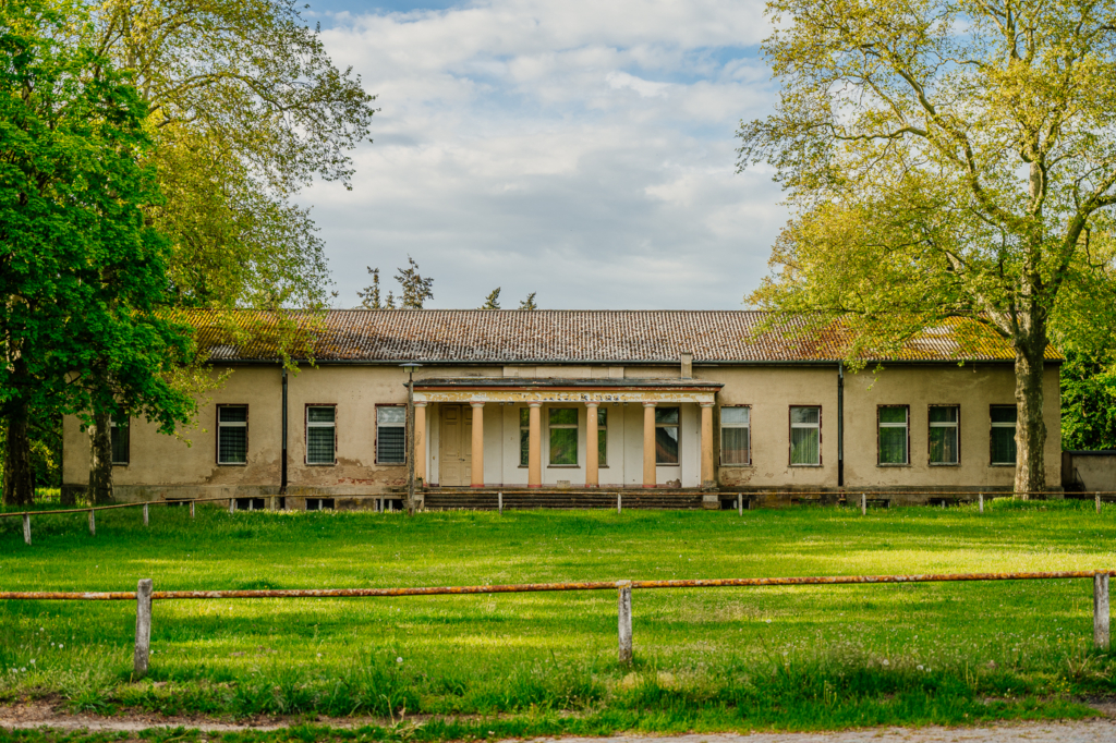 Ehemaliges Gutshaus Holzendorf, heute eingeschossig, hinter einer Wiese und alten Bäumen.