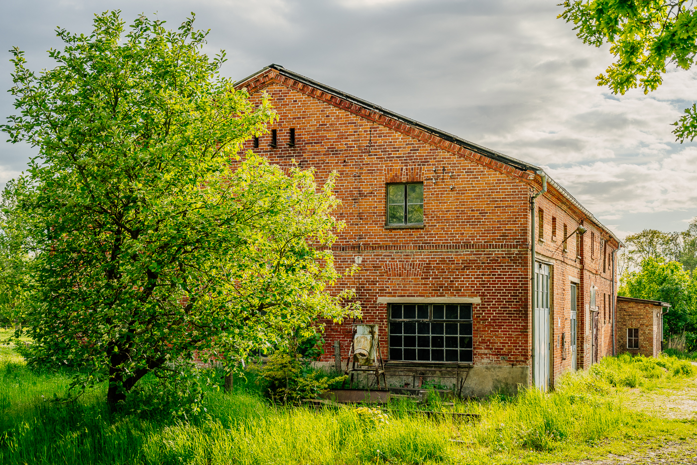 Großes Backstein-Wirtschaftsgebäude zwischen hohem Gras und dichtem Grün in Holzendorf.